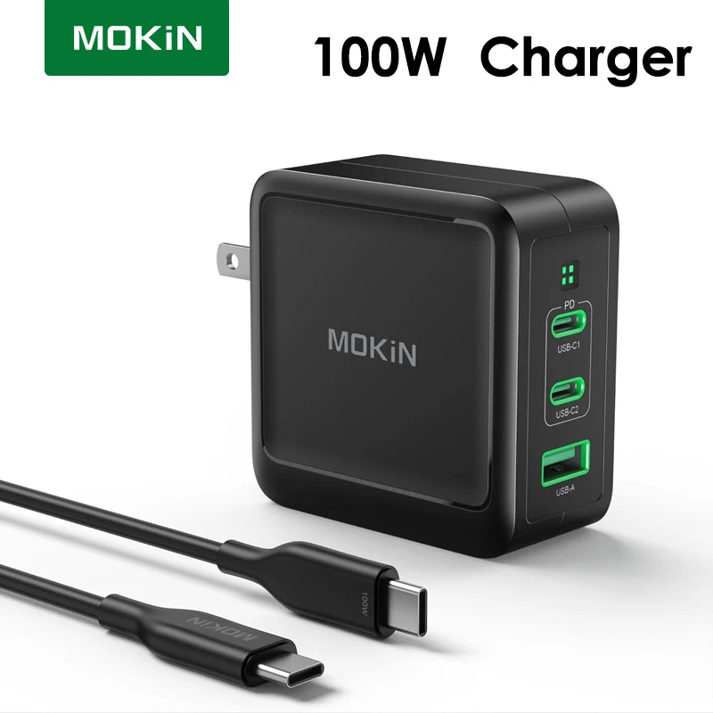 

MOKiN Fast Charger Portable 100W Type C 2Port PD Charger Power for MacBook Pro Xiaomi PC Phone Quick Charger Adapter LED Cable