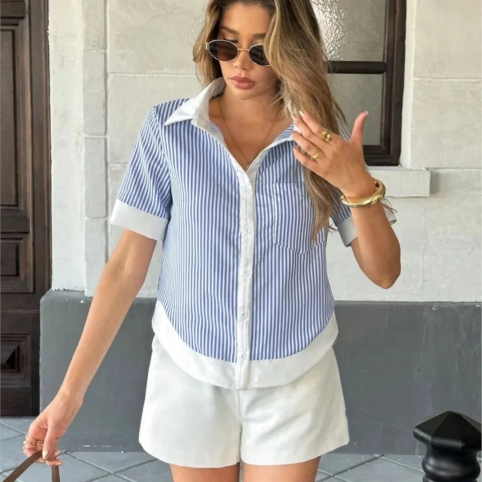 

Fashion Women Color Matching Stripe Loose POLO Collar Single-breasted Short-sleeved Top Summer New Casual Versatile Office Shirt