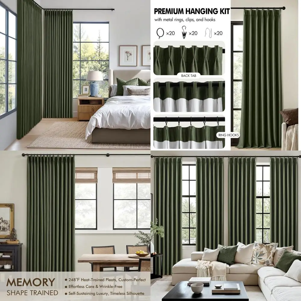 

84 Olive Green Pinch Pleated 100% Blackout Linen Curtains, Memory Trained Room Darkening Drapes for Bedroom & Living Room (2 Pan