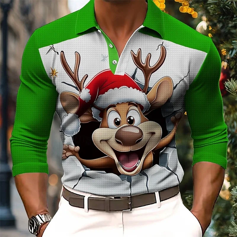 

3D Christmas Reindeer Print Men's Polo Shirts Casual Funny Long Sleeve Turn-down Collar Buttoned Top Mens Oversized Party Tshirt