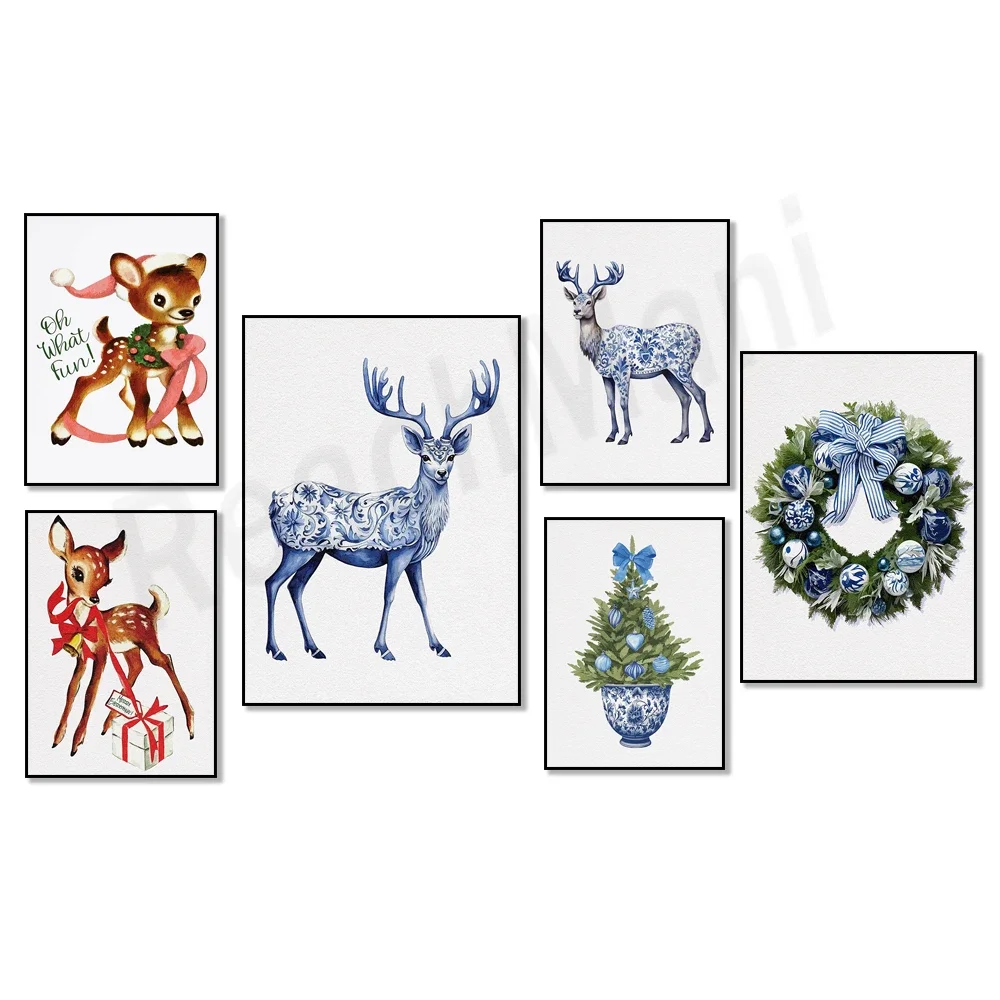 Christmas tree, santa hat, neck ring, chinoiserie christmas deer, millennium holiday poster, blue delft hamptons style