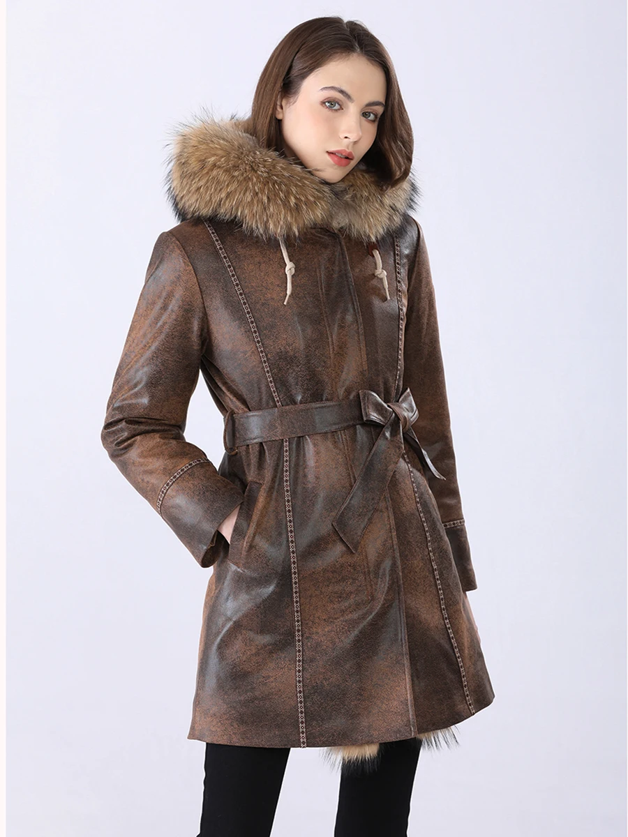 2022 winter new fur long-sleeved coat raccoon fur thickened warm hooded mid-length parka women\'s clothing