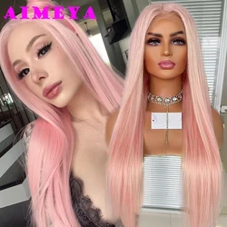 AIMEYA Light Pink Long Straight Wig Synthetic Hair Pink Lace Front Wigs Heat Resistant  Wig Silky Straight Pink Hair