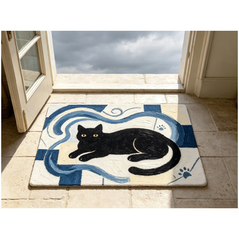 Cute Black Cat Paw Print Area Rug Cartoon Rainbow Kitten Art Floor Mat for Kids Bedroom Playroom Home Interior Decoration