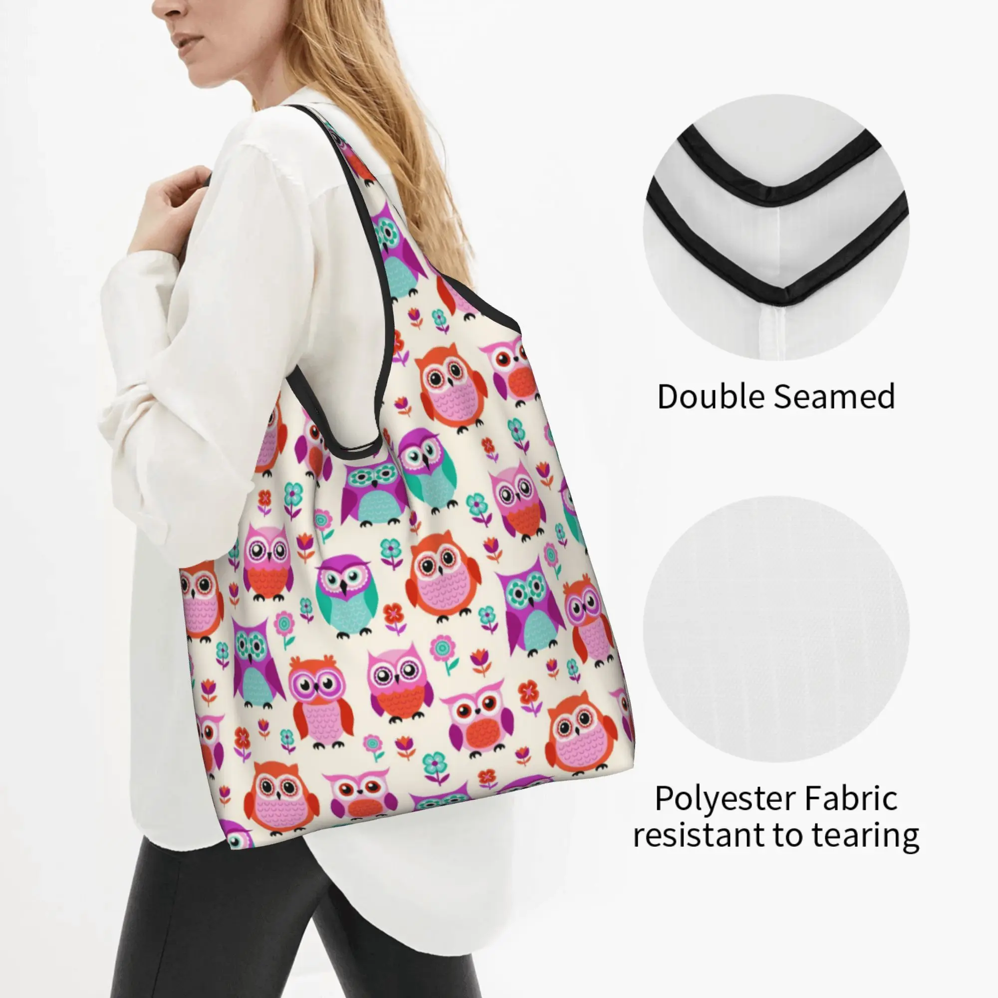 Recycling Funny Colourful Creative Owl Printed  Shopping Bag Women Tote Bag Portable  Grocery Shopper Bags