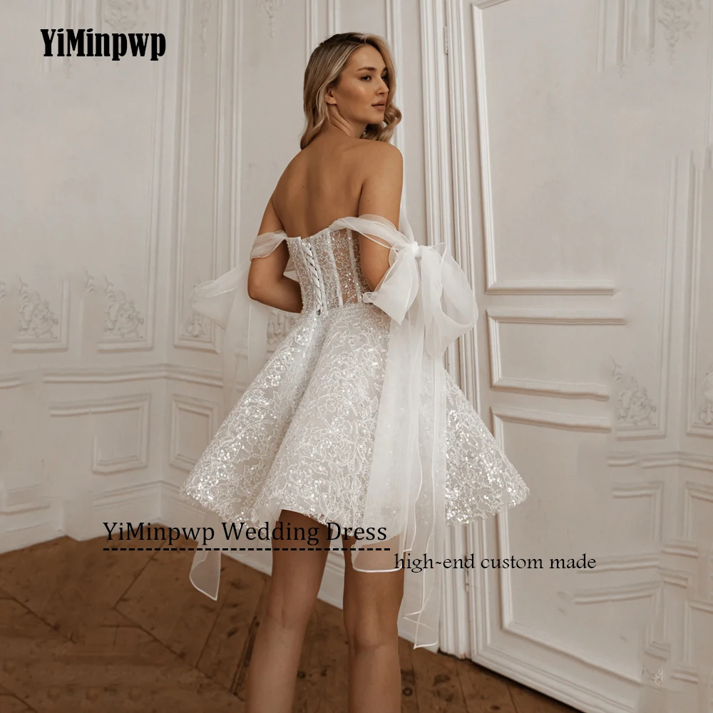 Mini Shiny Wedding Dresses Sequined A-Line Sweetheart Corset Bride Gowns Customized Wedding Party Gown Above Knee Customized