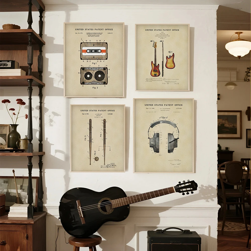 Music Equipment Patent Art Prints Vintage Industrial Style Posters Guitar Saxophone Canvas Painting Music Studio Wall Decor
