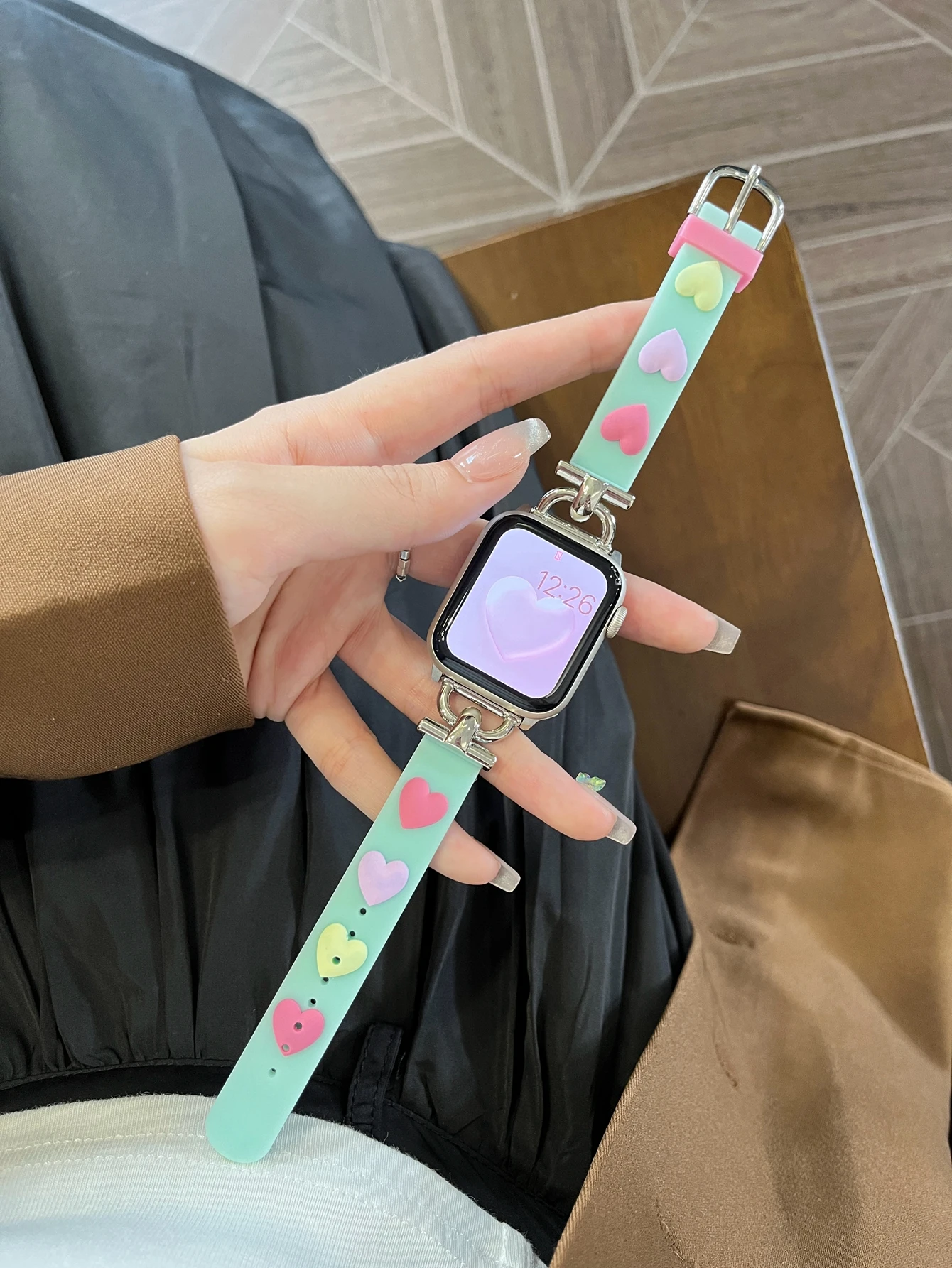 애플 워치 밴드용 패션 실리콘 루프, 금속 여성용 스트랩, 38mm, 40mm, 41mm, 42mm, 44mm, 45mm, 46mm