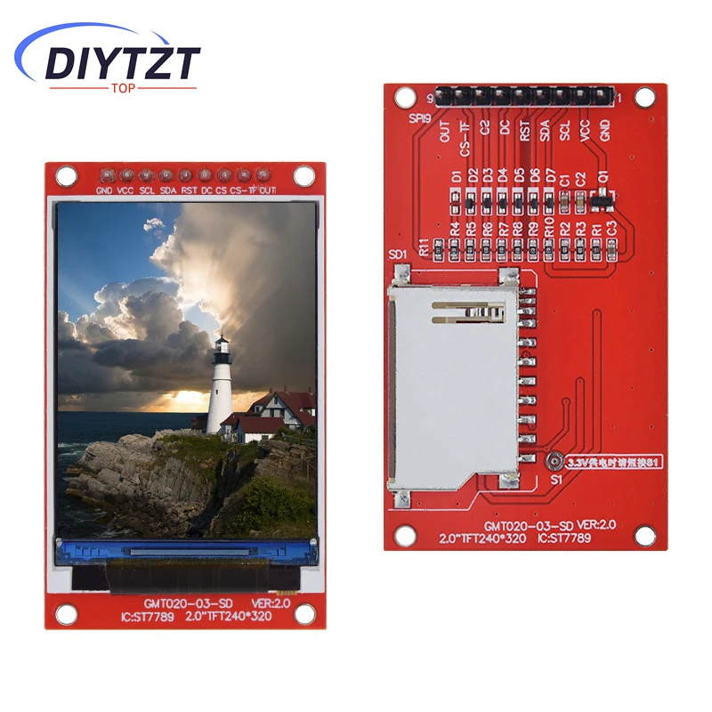 DIYTZT 2,0 inch TFT-scherm ST7789V Drive 240x320 Dot-Matrix SPI-interface voor Arduio Full Color LCD-displaymodule met SD-kaart
