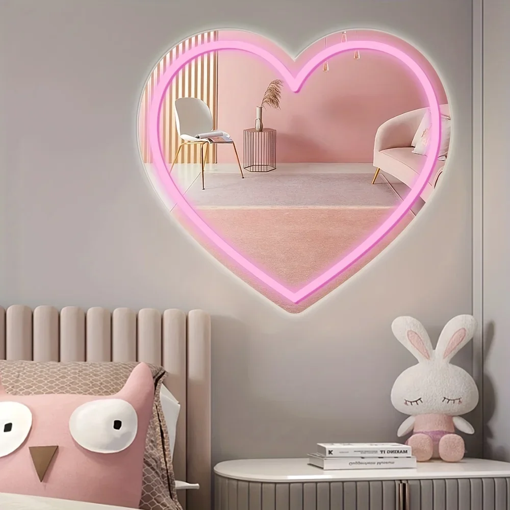 Heart Mirror Neon Sign  for Wall Art Decor LED Makeup Mirror with USB Powered for Valentine\'s Day Weddings Birthdays Decor Gifts