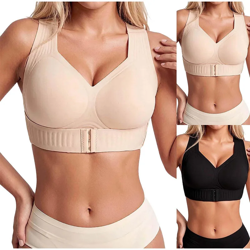 Posture Bra for Women Front Closure Cross Back Wireless Corrector Bras High Quality Support Push Up Bra Skin/Black/Brown S-4XL