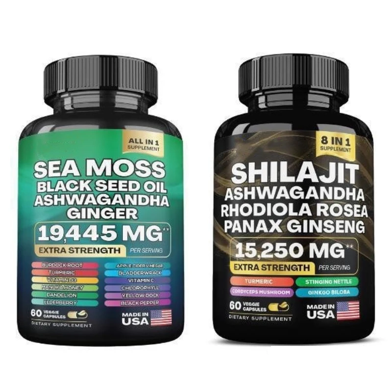 All In 1 Organic SHILAJIT Capsules Ashwagandha Ginseng 8 In 1 Ses Moss Capsules with Black Seed Oil Support Immunity