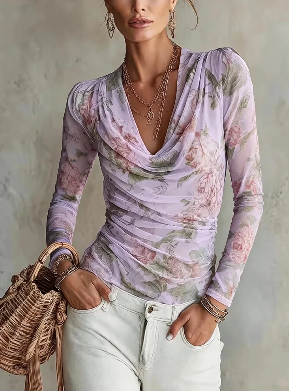 2026 Women Floral Print Mesh Blouse Cowl Neck Long Sleeve Side Ruched Slim Fit Chic Daily Casual Tops For Ladies