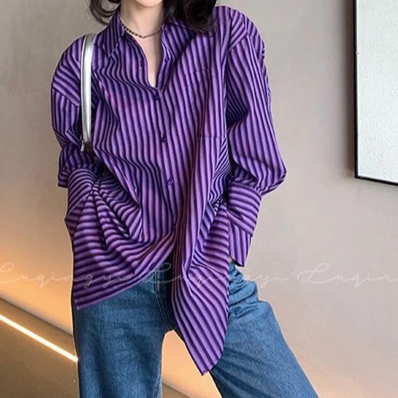 Spring Vintage Loose Striped Blouse Polo Neck Long Sleeve All-match Youth Button Trend Shirt Tops Casual Fashion Women Clothing