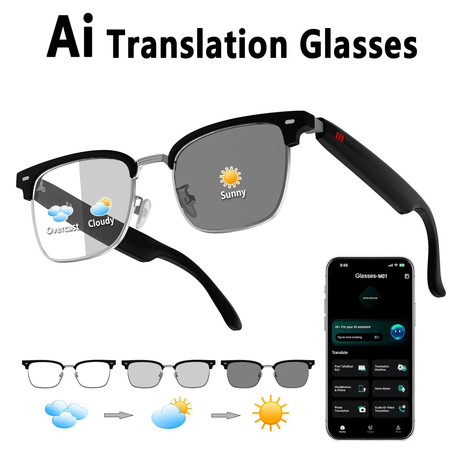 Lunettes audio intelligentes avec traduction en temps réel, lecture de musique Hi-Fi, appels vocaux à réduction de bruit et verres photochromiques