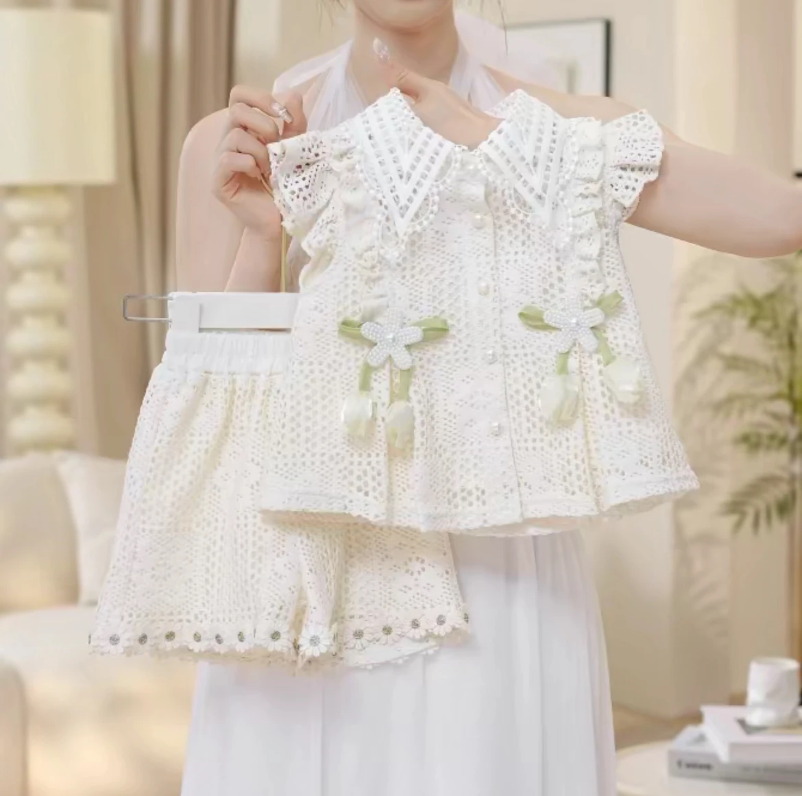 white-lace-tulip-flower-girl's-summer-new-arrival-sleeveless-top-shorts-set-children's-clothing-cotton-100-casual-style