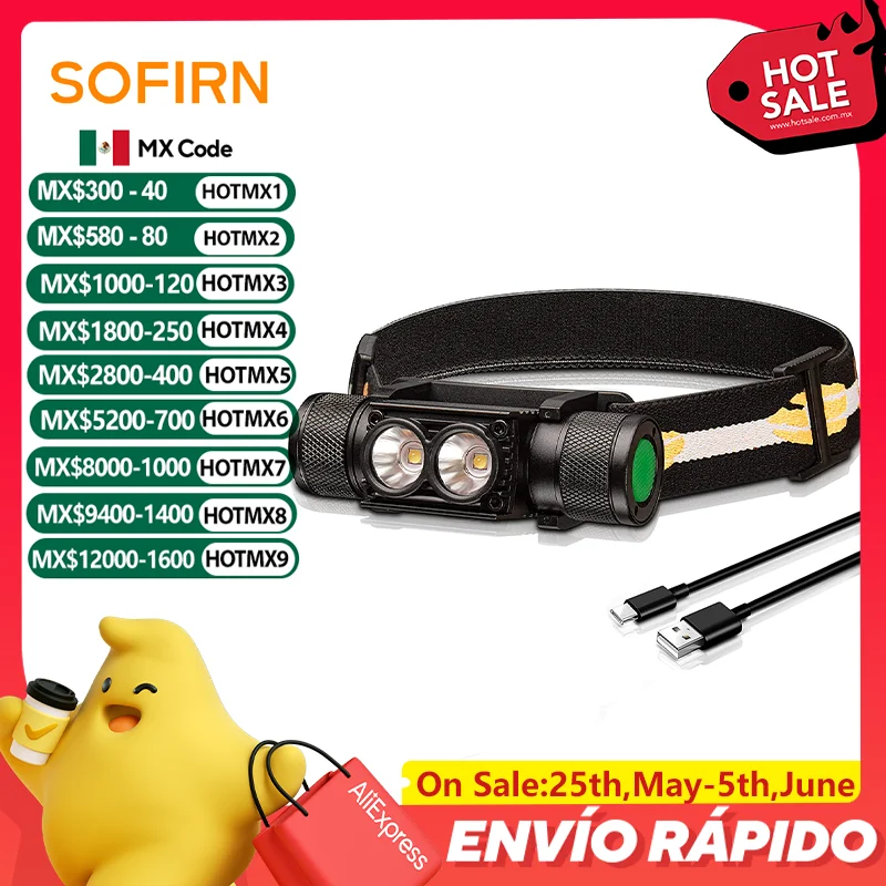 

SOFIRN H25L USB Rechargeable 1000LM Headlamp with 18650 Battery Dual LH351D 90CRI 5000K Head Flashlight Camping Fishing Torch