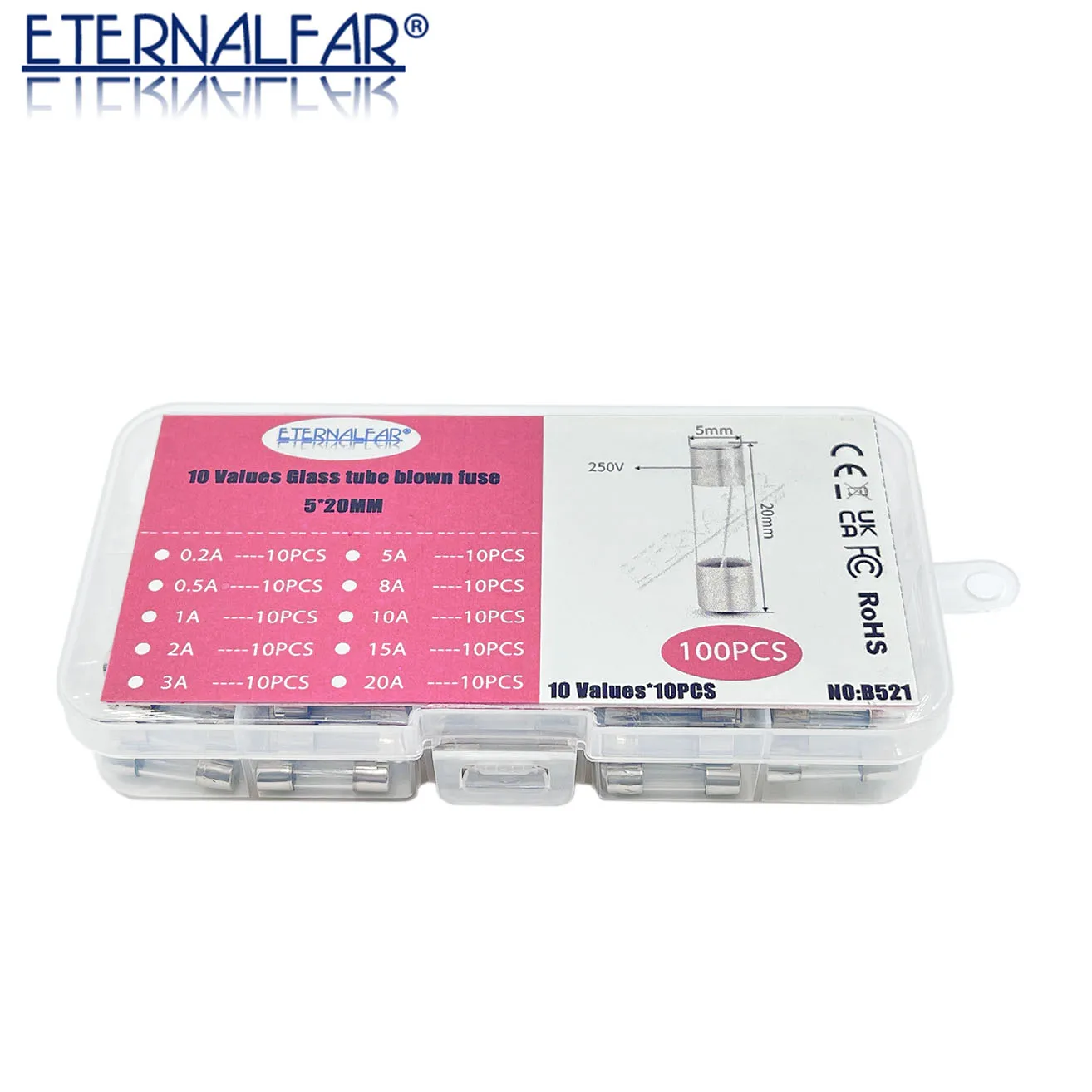 5x20mm 0.5A 1A 2A 3.15A 5A 8A 10A Quick Blow Glass Tube Fuse Assorted Kits,Fast-blow Glass Fuses,fuse wire 5*20mm diy kit 100Pcs