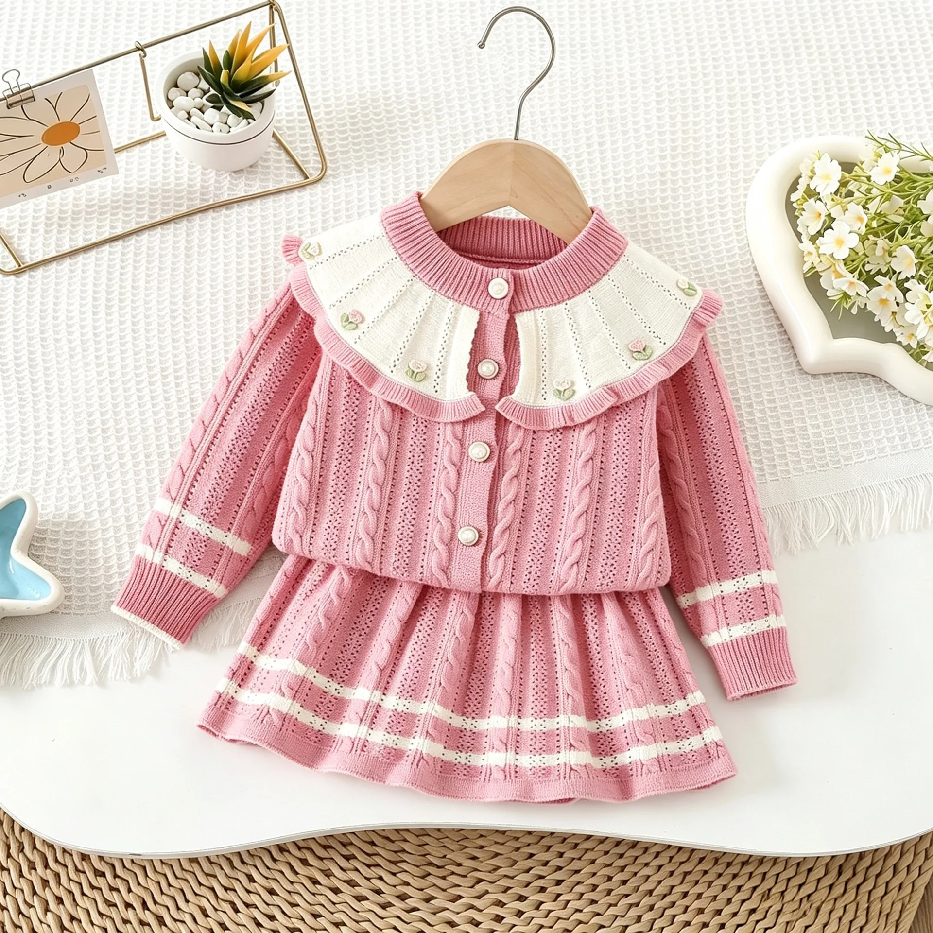 2026-autumn-winter-sweater-kids-clothes-girls-sets-flower-decoration-lapel-long-sleeved-cardigan-top-short-skirt-two-piece-set