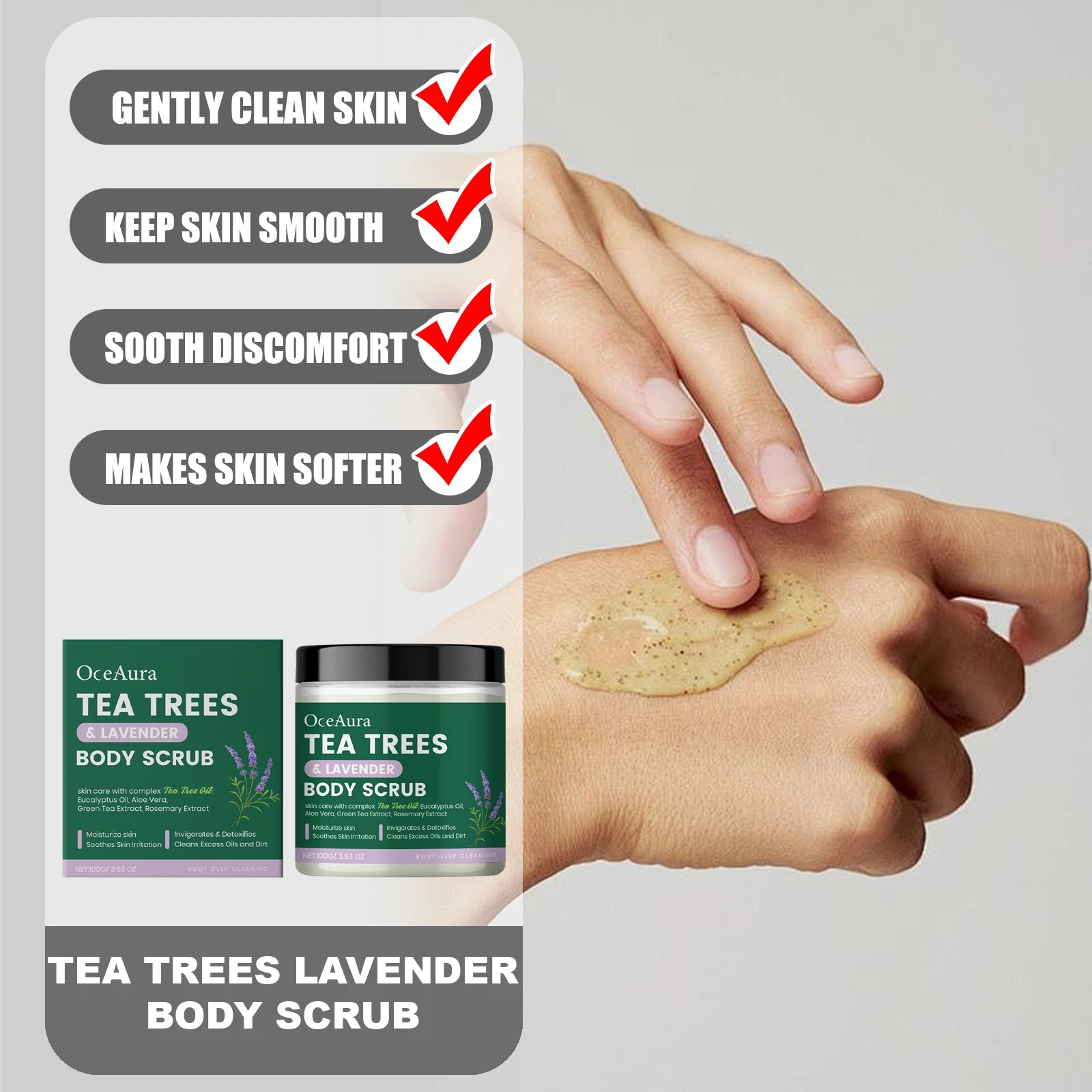 

OCEAURA 100 г скраб для тела с чайными деревьями и лавандой, нежно очищает кожу, сохраняет гладкую, снимает дискомфорт, отшелушивающее эфирное масло для ухода за кожей