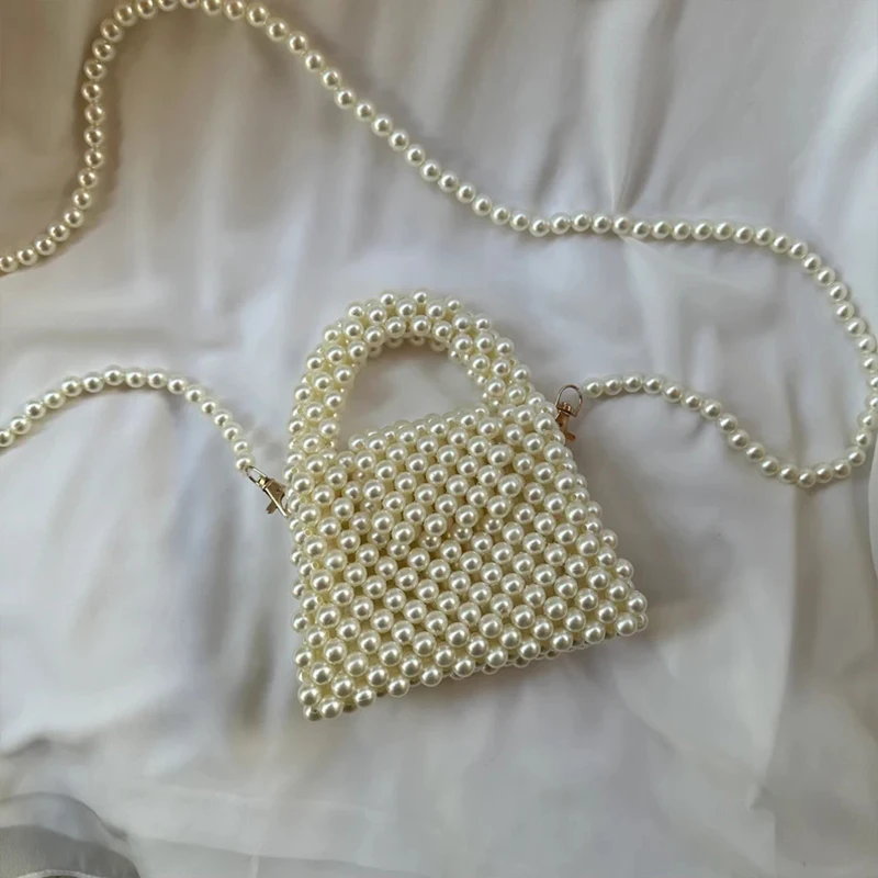 2 Size Elegant Fashion Shoulder Bag Handbags for Women Work Commuter Long Shoulder Strap Handmade Beaded White Pearl