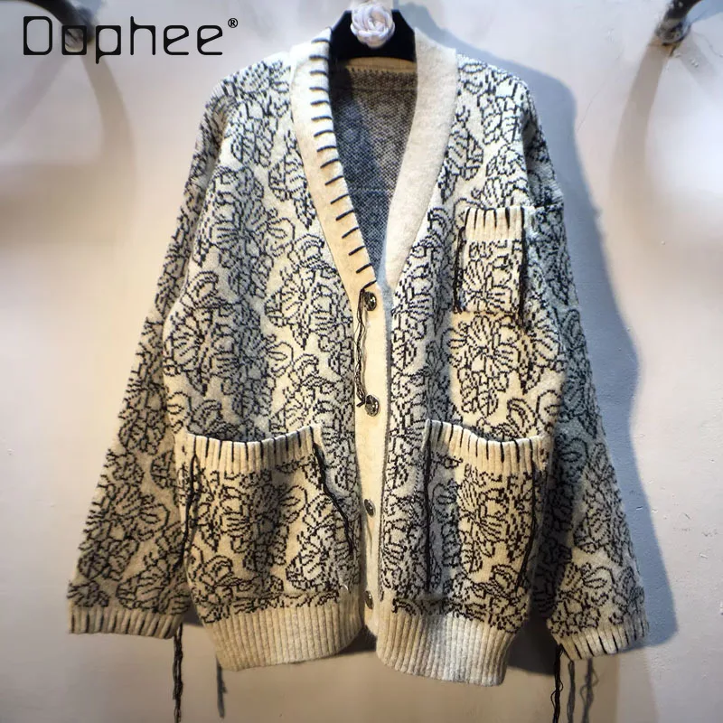 

Europe Station 2025 Autumn New Vintage Jacquard Floral Loose Slimming Thick Mid-Length Sweater Cardigan Coat Women Cardigan