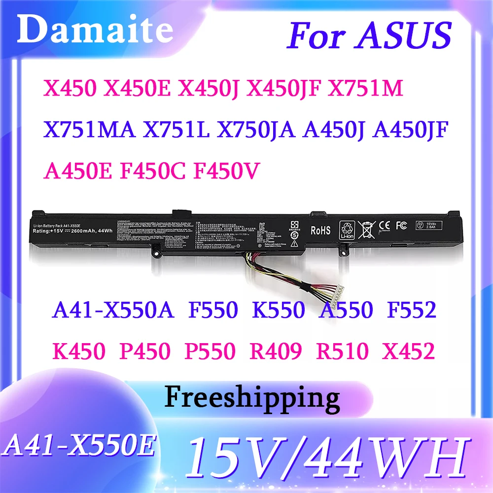 

A41-X550E Laptop Battery For ASUS X450 X450E X450J X450JF X751M X751MA X751L X750JA A450J A450JF A450E F450C 15V 44Wh