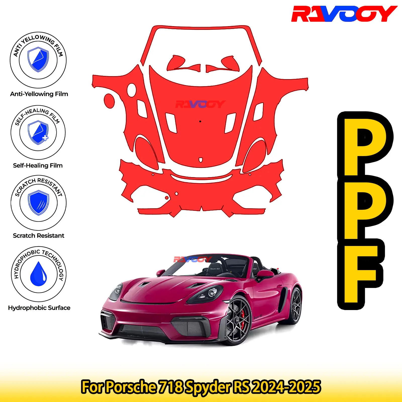 

For Porsche 718 Spyder RS 2024-2025 Glossy Matte Black Precut front PPF Kit Paint Protection Film