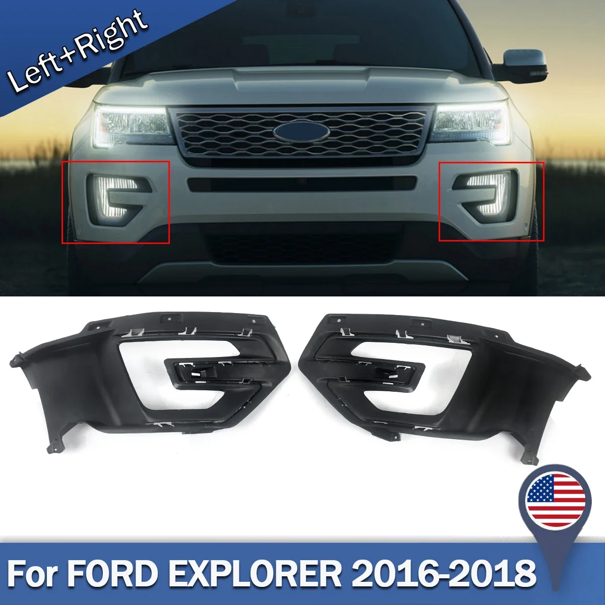 2x Front Bumper Left+Right Fog Lamp Bezel Trim Cover for Ford Explorer 2016-2018