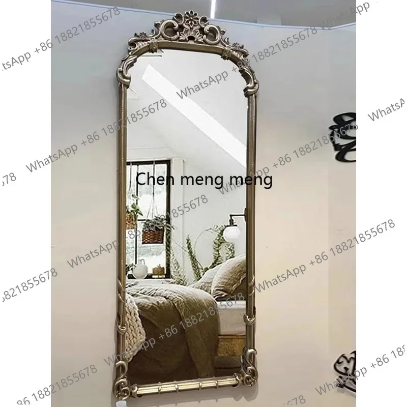 M183 French retro floor-to-ceiling full-length mirror, entrance wall-mounted solid wood decorative mirror, fitting mirror