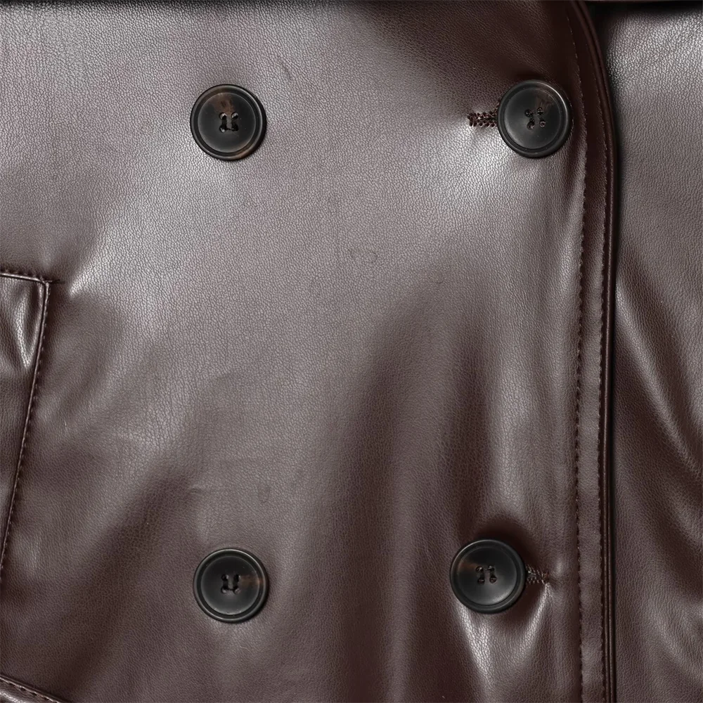 Nouveau manteau trench court en similicuir pour femme, style décontracté et polyvalent, à double boutonnage, avec ceinture décorative et revers, collection 2026