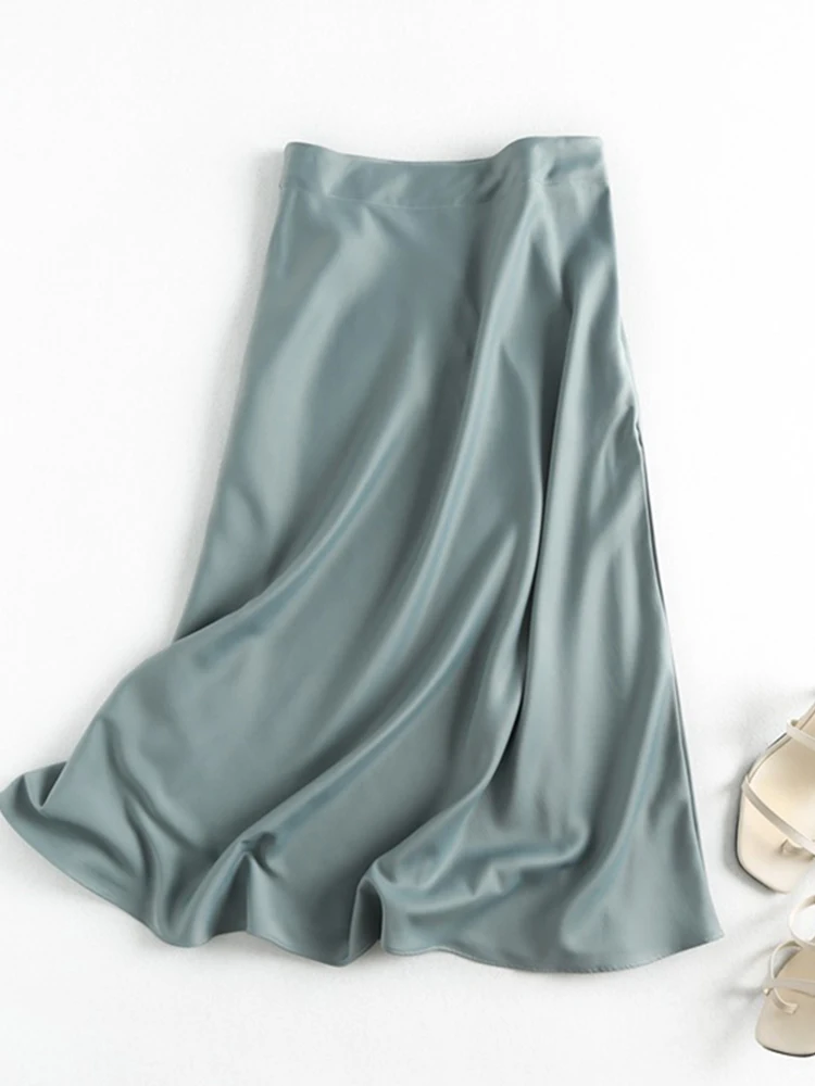 Jupe mi-longue taille haute en satin pour femmes, jupe longue élégante simple, dame de bureau anglaise, mode d'été, 2024