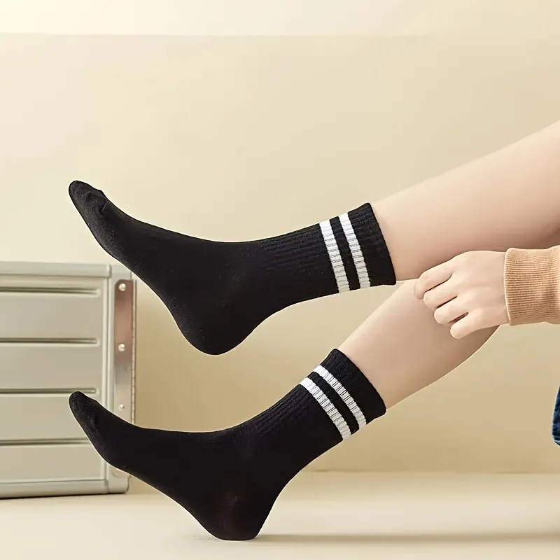 3 Pairs Striped Women's Knee-High Socks - Breathable Polyester, Casual Style, Hand/Washable, Black/White/Gray