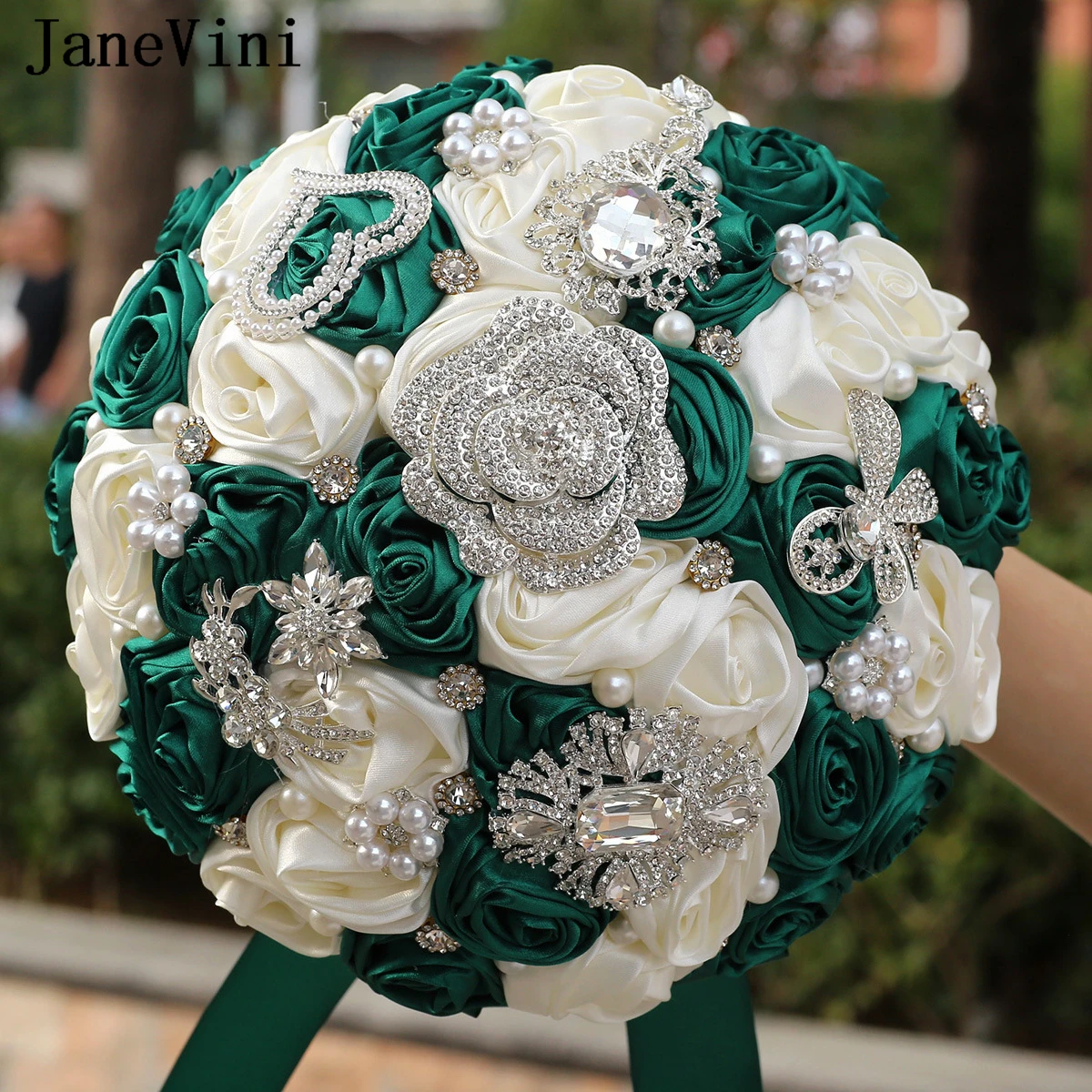 

JaneVini Bling Bling Rhinestone Bridal Flower Bouquet High Quality Crystal Jewelry Green Bride Rose Wedding Bouquets Accessories