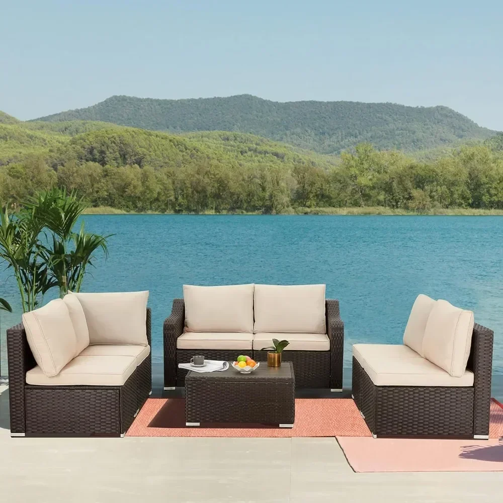 Patio Furniture 7-Piec Set, Rattan Wicker Outdoor Sectional Furnitures Sets, Conversation Sofa Set with Table & Thick Cushion