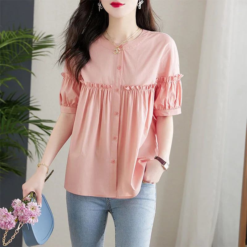 Summer Fashion Folds Ruffles Patchwork Loose Shirts Female Casual All-match Single-breasted Solid Color Short Sleeve Blouses