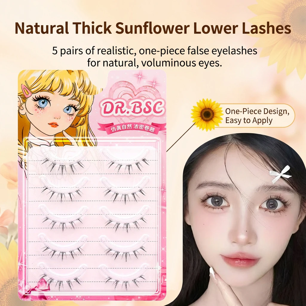 Sunflower Design False Lower Lashes 5 Pairs Natural Thick Effect Synthetic Fiber C Curl Lashes