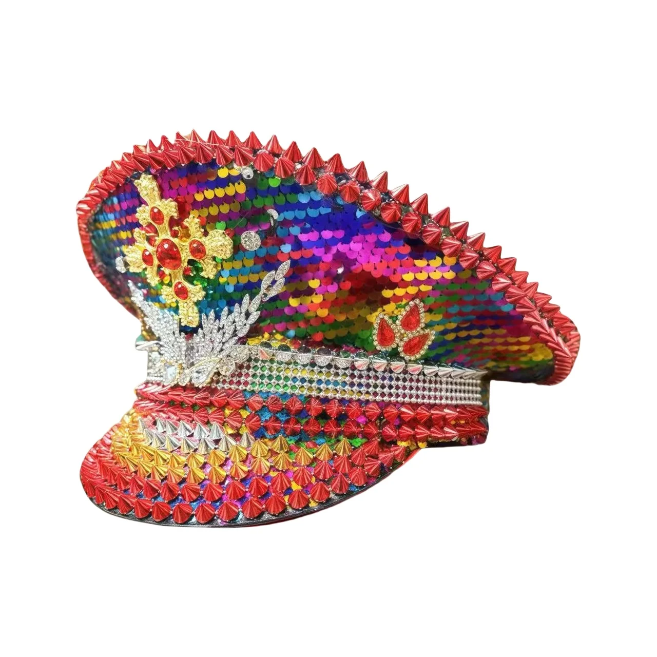 

HongLuan Red Steampunk Rhinestone Captain Hat for Adults , Burningman Festival Woman, Vintage Military Cap for Man New Designs