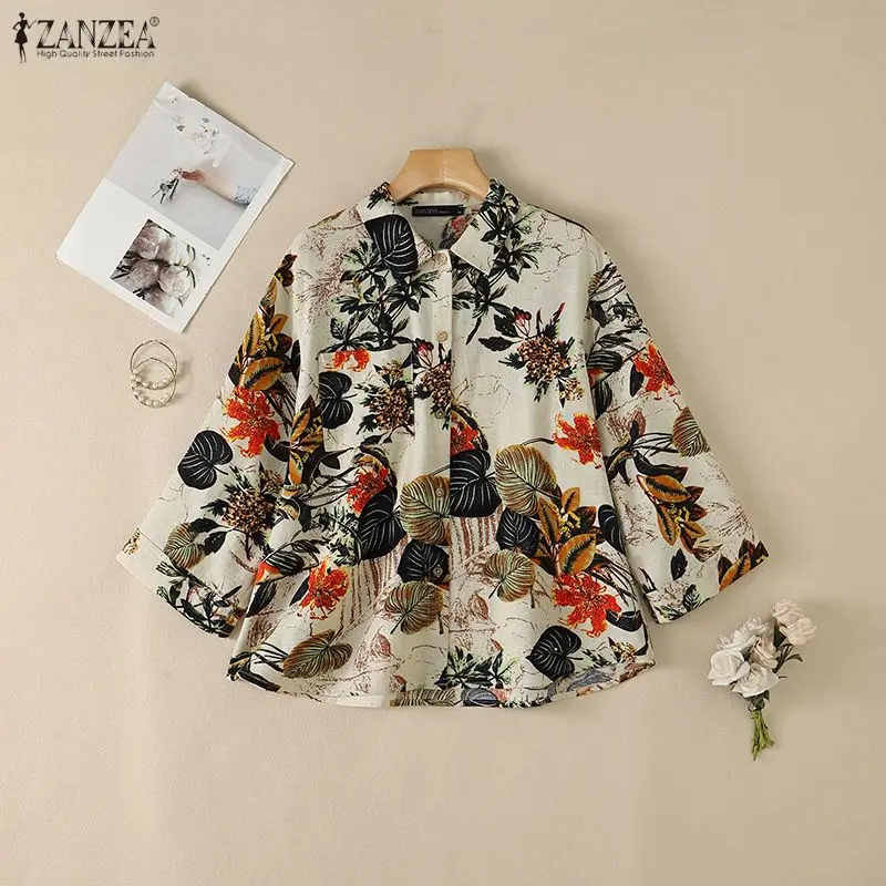 Casual ZANZEA Women Shirt Vintage Floral Print Cotton Blusas Three Quarter Sleeve Button Turn-Down Collar Summer Autumn Tunic