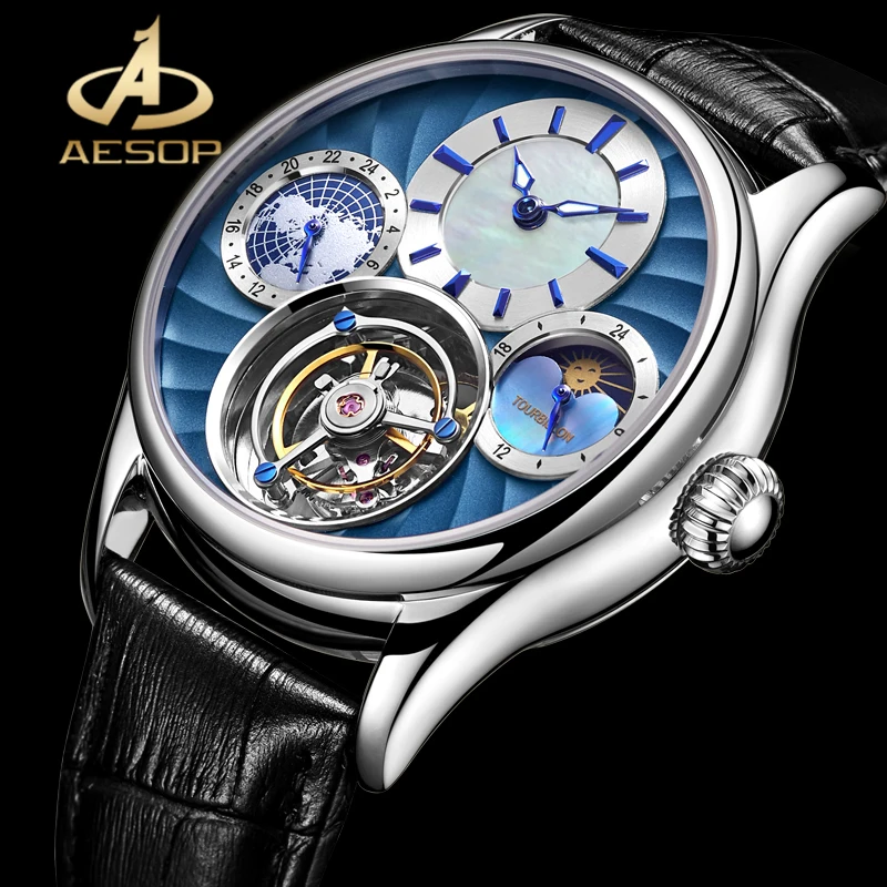 

AESOP Real Tourbillon Men Watch Man Manual-Winding Mechanical Watches 42mm Waterproof Sappire Glass Skeleton Watch Men Relojes