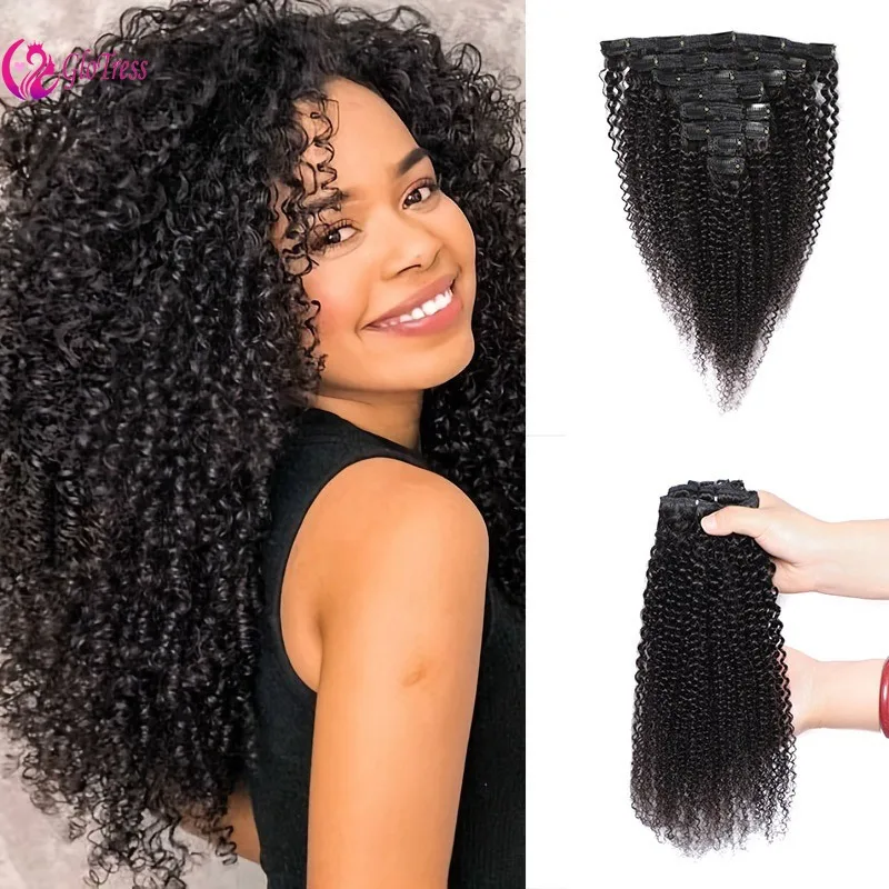 

Премиум 8 шт. афро странные наращивание волос на клипсе бразильские человеческие волосы девственницы Реми натуральный черный полный головной убор 8-26 дюймов