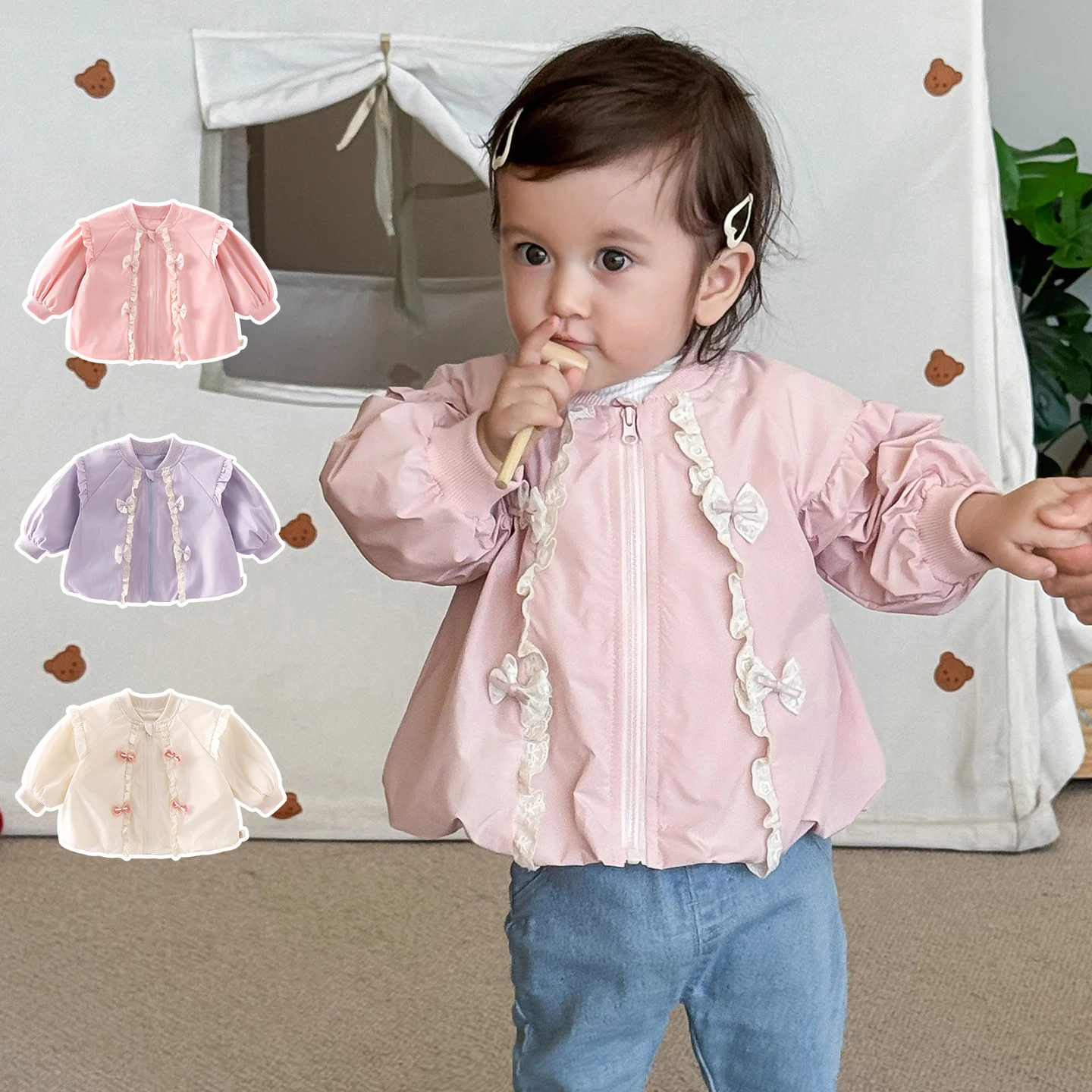 

Autumn Baby Girl Jacket Toddler Princess Coat with Lace Bow 0-5T Kids Outerwear Soft Skin-Friendly Sweet Style Clothes