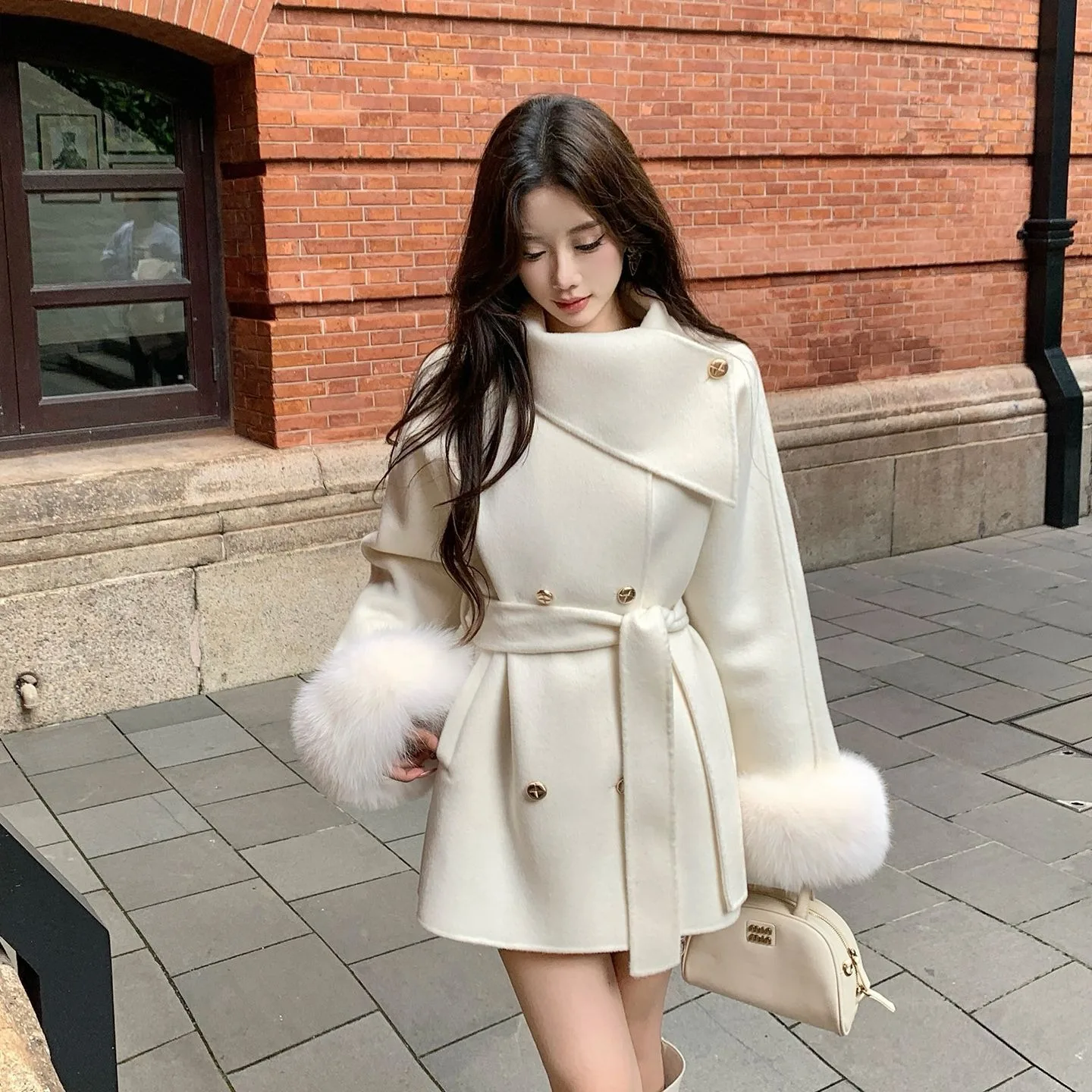 

Hot selling autumn and winter new double-sided cashmere coat Real fox fur cuffs women's high-end woolen fur coat
