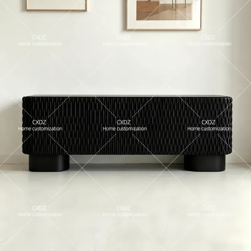 3D Water Ripple TV Cabinet Wabi Sabi Style Black Low Console Storage Unit for Small Apartment Living Room Modern Minimalist
