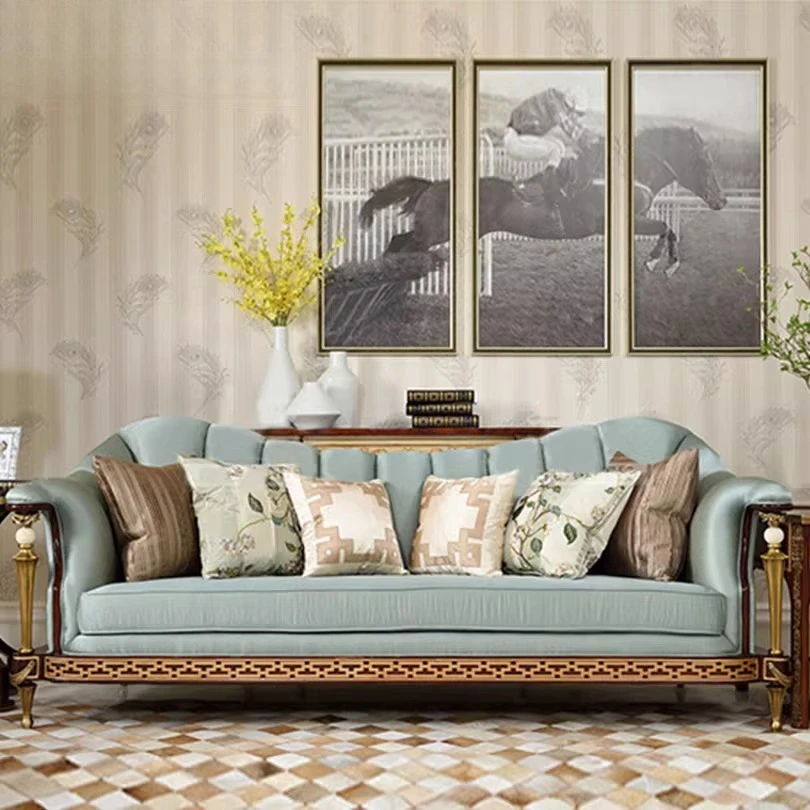 English living room furniture large solid wood carved fabric sofa combination for three people
