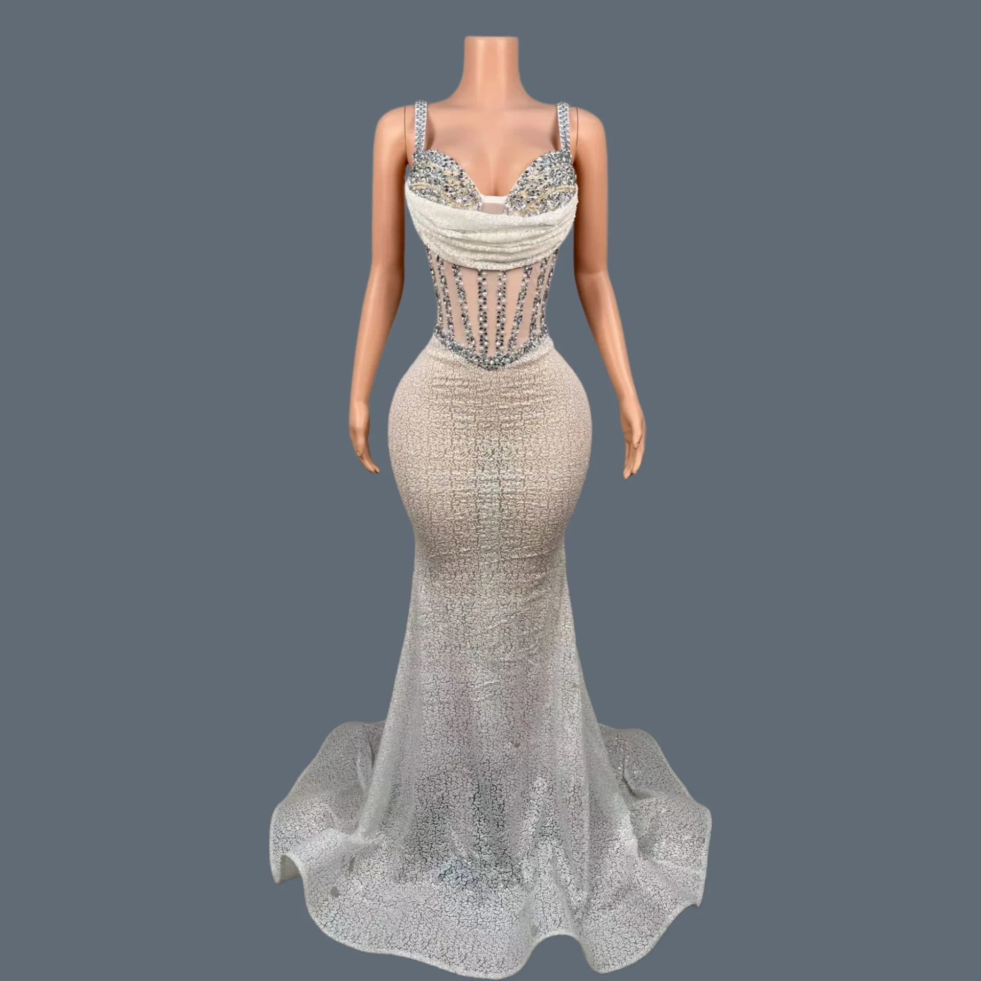 

High-end Sparkly Crystals Mermaid Maxi Dress Women Mesh Corset Waist Evening Pageant Gown Club Stage Performance Wear Baishatang