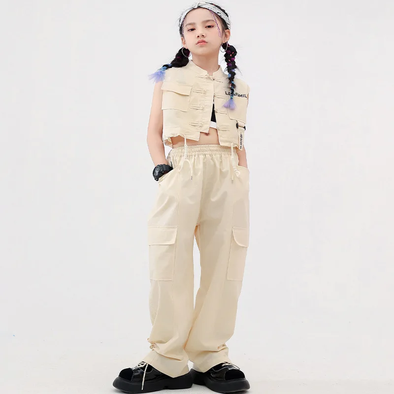 Street Dance Kids Hip-hop Performance Wear Chinese Style Disc Button Design Crop Top Elastic Waist Pants 2pcs Clothing for Girls