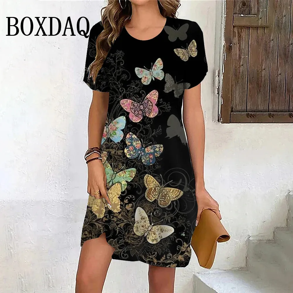 Butterfly Print Women Dress Fashion For Ladies Summer Casual Female Street Short Sleeve Print Large Sizes Women's Clothing 6XL