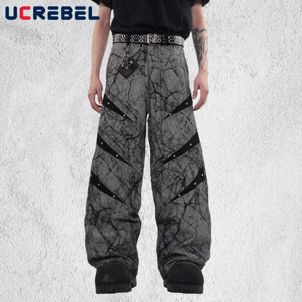 

Crack Spliced Jeans Mens with Rivets Retro High Street Straight Washed Distressed Baggy Wide Leg Denim Pants Man