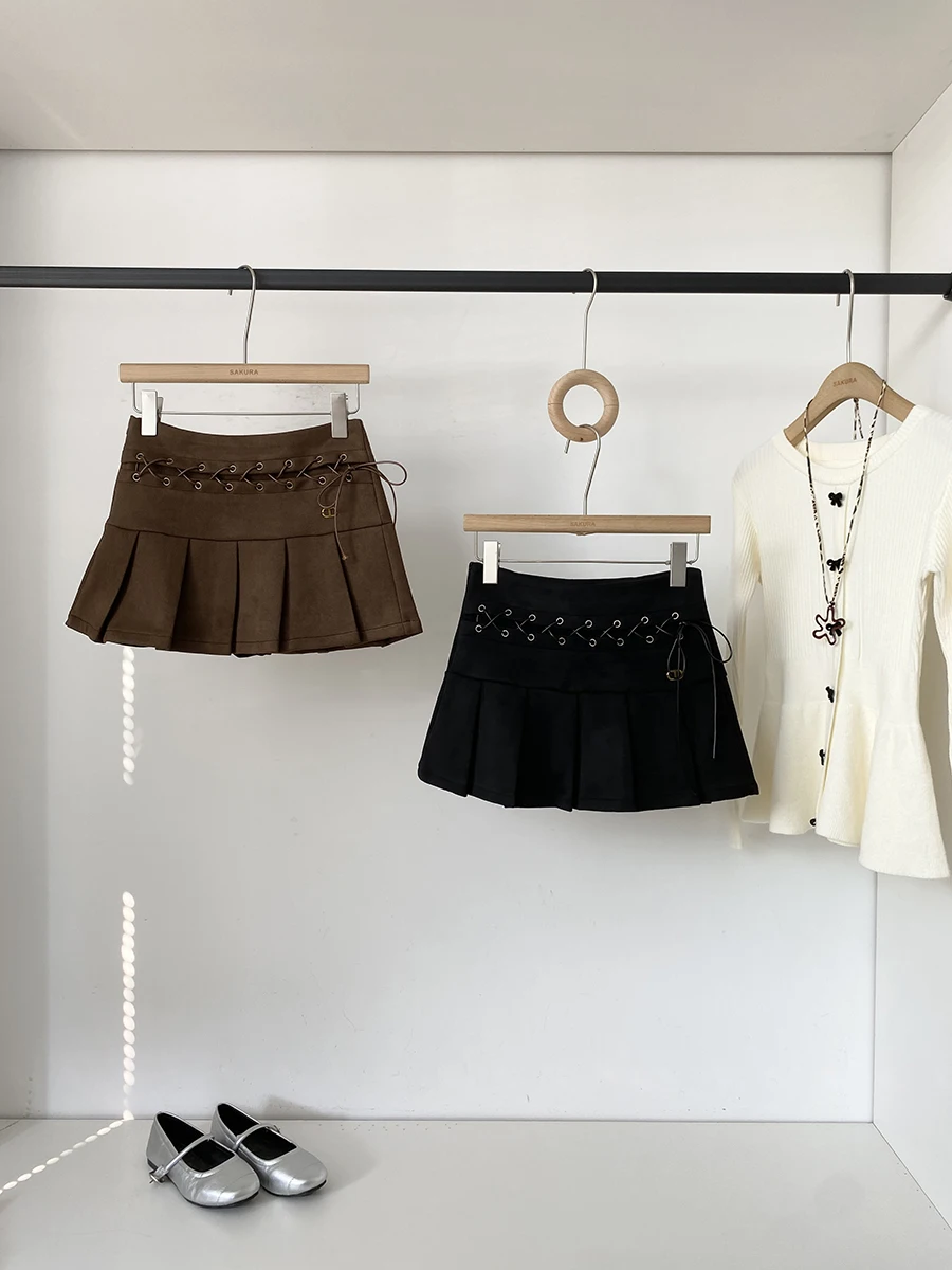 

Gothic Dark Style High Waist Pleated Skirt Women's Autumn Winter New Style Trendy Girl Bow Tie A-Line Skirt